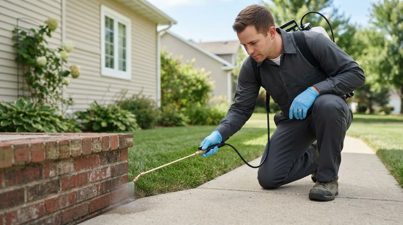 Pest control technician treating a home near Marne, MI
