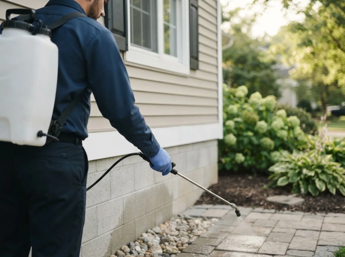 Pest control technician inspecting a home in Marne, MI